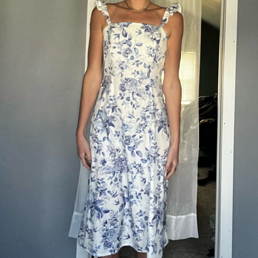 White and blue floral midi dress
